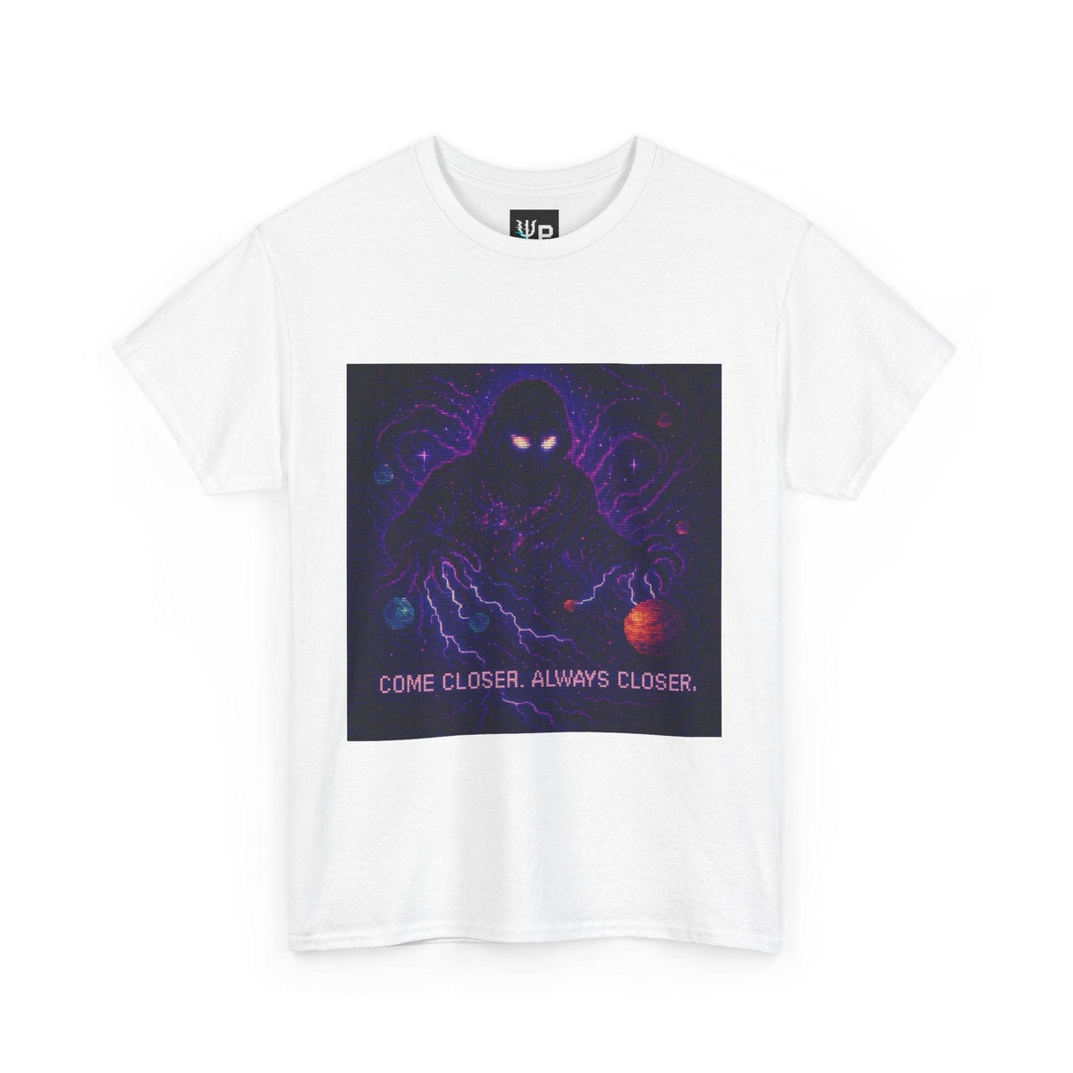 White The Lurker physics T-shirt, pixel-art general relativity design, front view