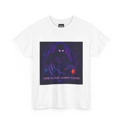 White The Lurker physics T-shirt, pixel-art general relativity design, front view