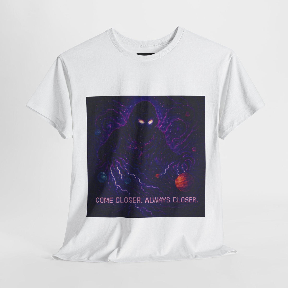 White The Lurker physics T-shirt, pixel-art general relativity design, front view