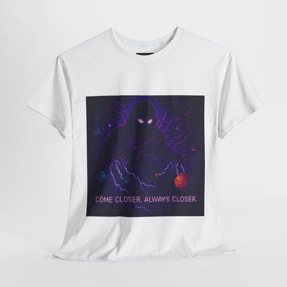 White The Lurker physics T-shirt, pixel-art general relativity design, front view