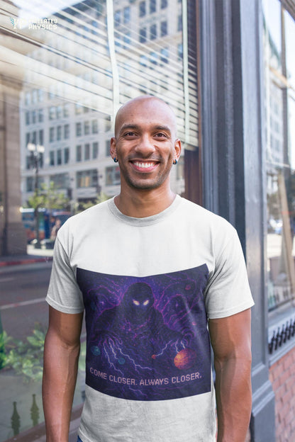 White The Lurker physics T-shirt, pixel-art general relativity design, worn by a man