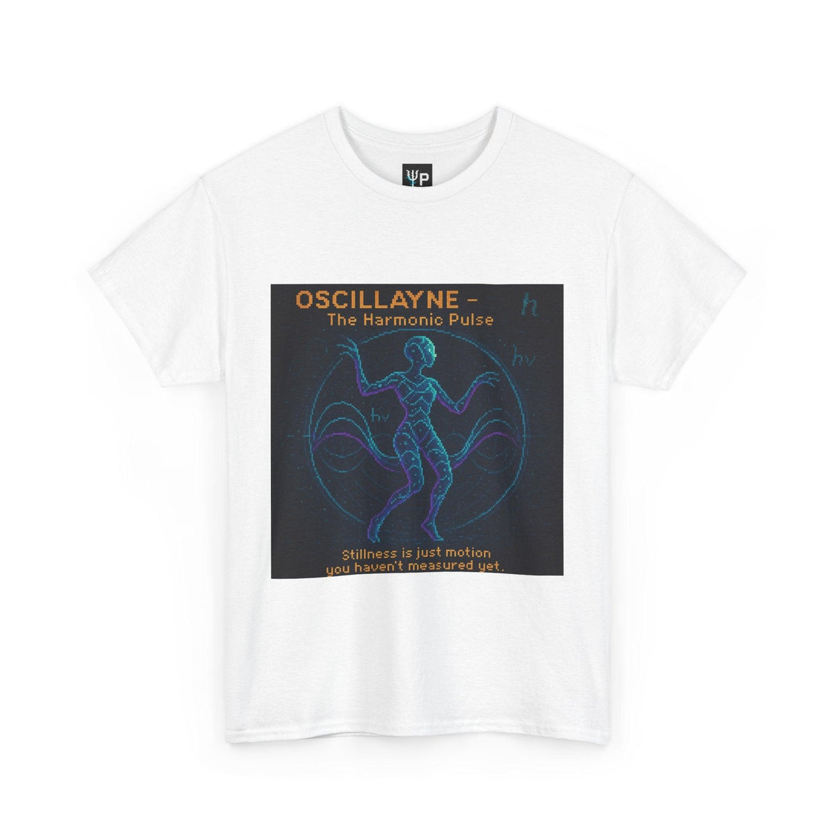 White Oscillayne physics T-shirt, pixel-art resonance design, front view