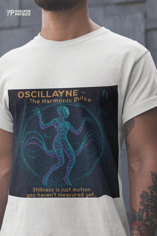 White Oscillayne physics T-shirt, pixel-art resonance design, worn by a man