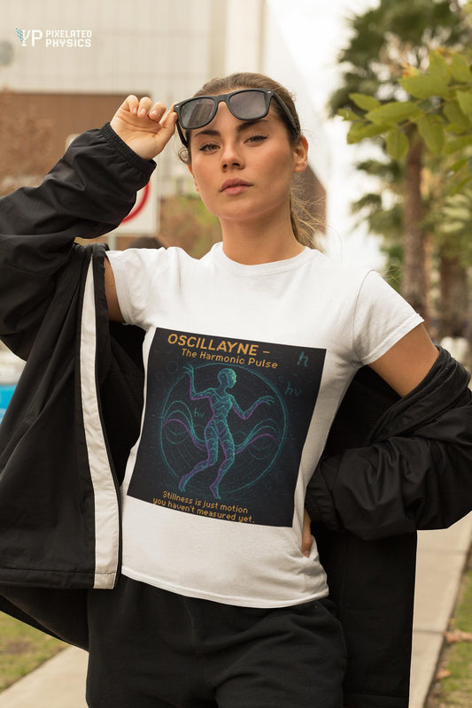 White Oscillayne physics T-shirt, pixel-art resonance design, worn by a woman
