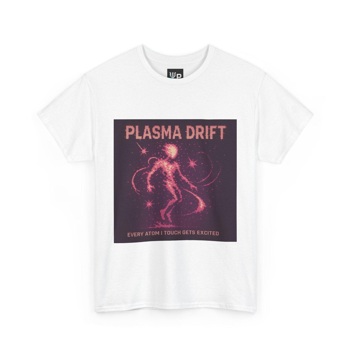White Plasma Drift physics T-shirt, pixel-art plasma, ionized gas design, front view