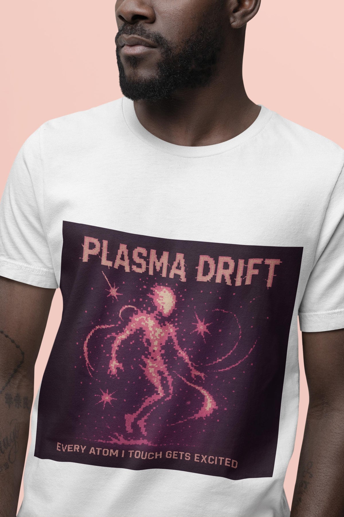 White Plasma Drift physics T-shirt, pixel-art plasma, ionized gas design, worn by a man