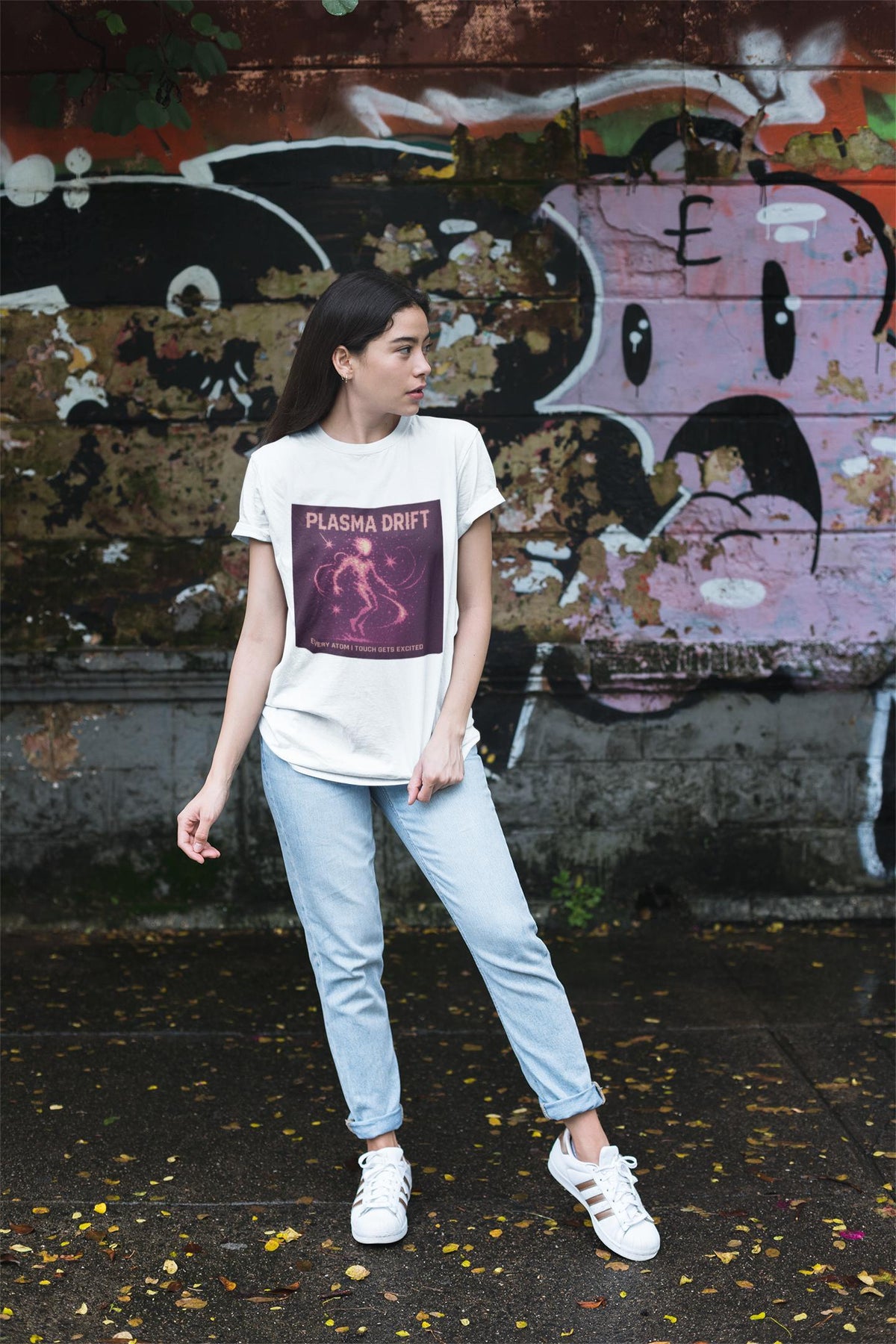 White Plasma Drift physics T-shirt, pixel-art plasma, ionized gas design, worn by a woman