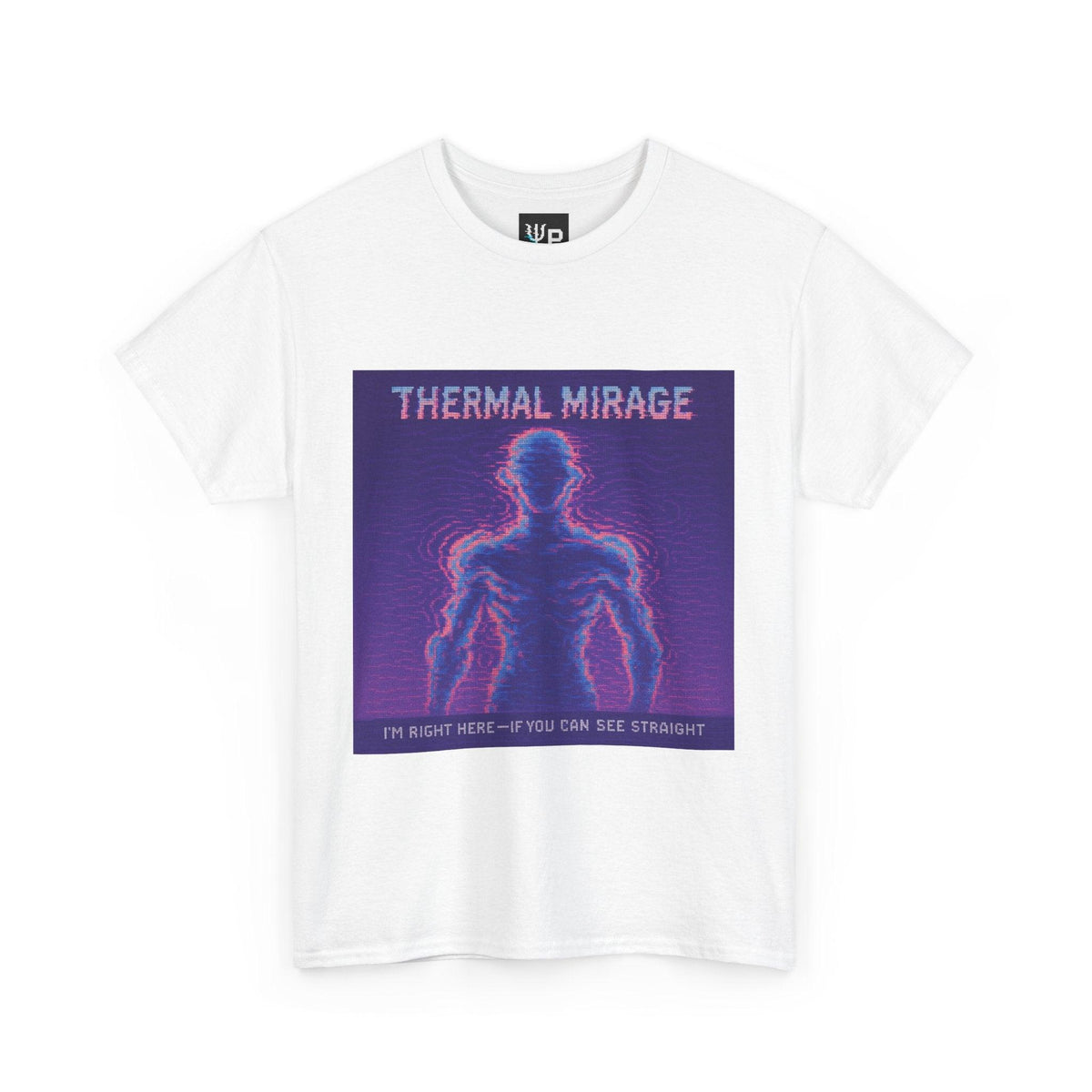 White Thermal Mirage physics T-shirt, pixel-art mirage refraction design, front view