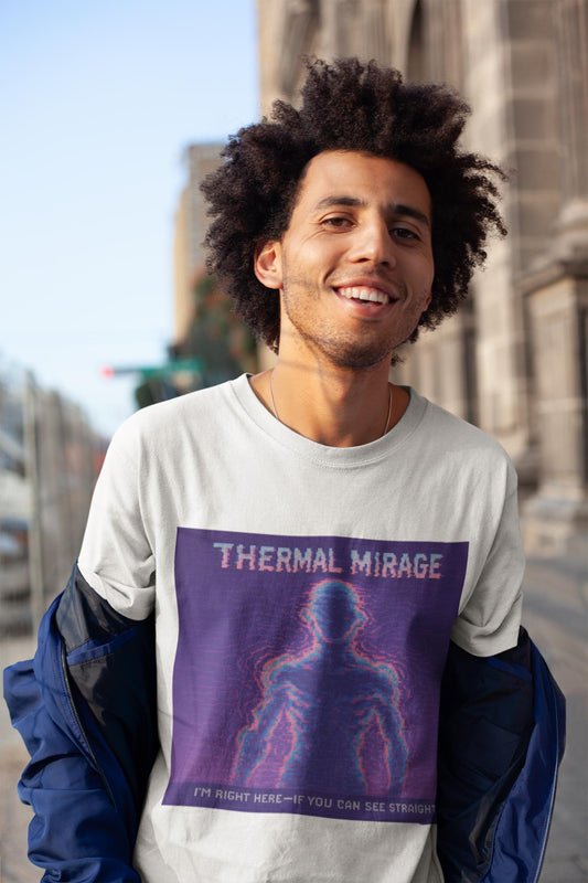 White Thermal Mirage physics T-shirt, pixel-art mirage refraction design, worn by a man