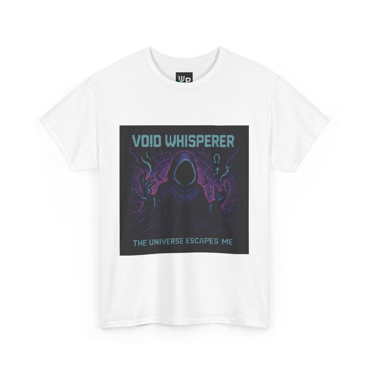White Void Whisperer physics T-shirt, pixel-art dark energy design, front view