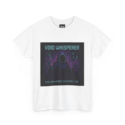 White Void Whisperer physics T-shirt, pixel-art dark energy design, front view