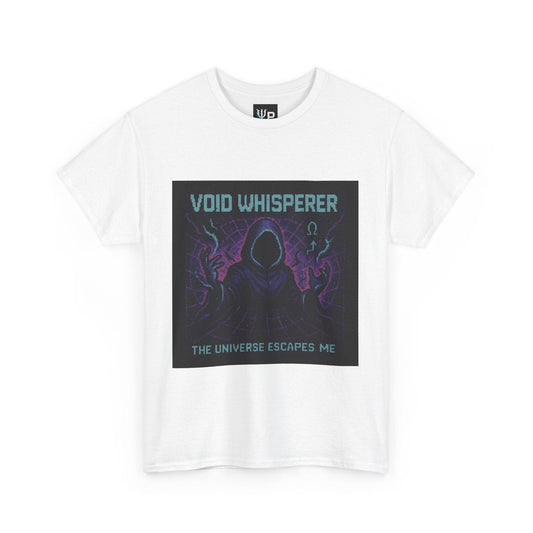 White Void Whisperer physics T-shirt, pixel-art dark energy design, front view