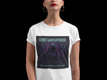White Void Whisperer physics T-shirt, pixel-art dark energy design, worn by a woman