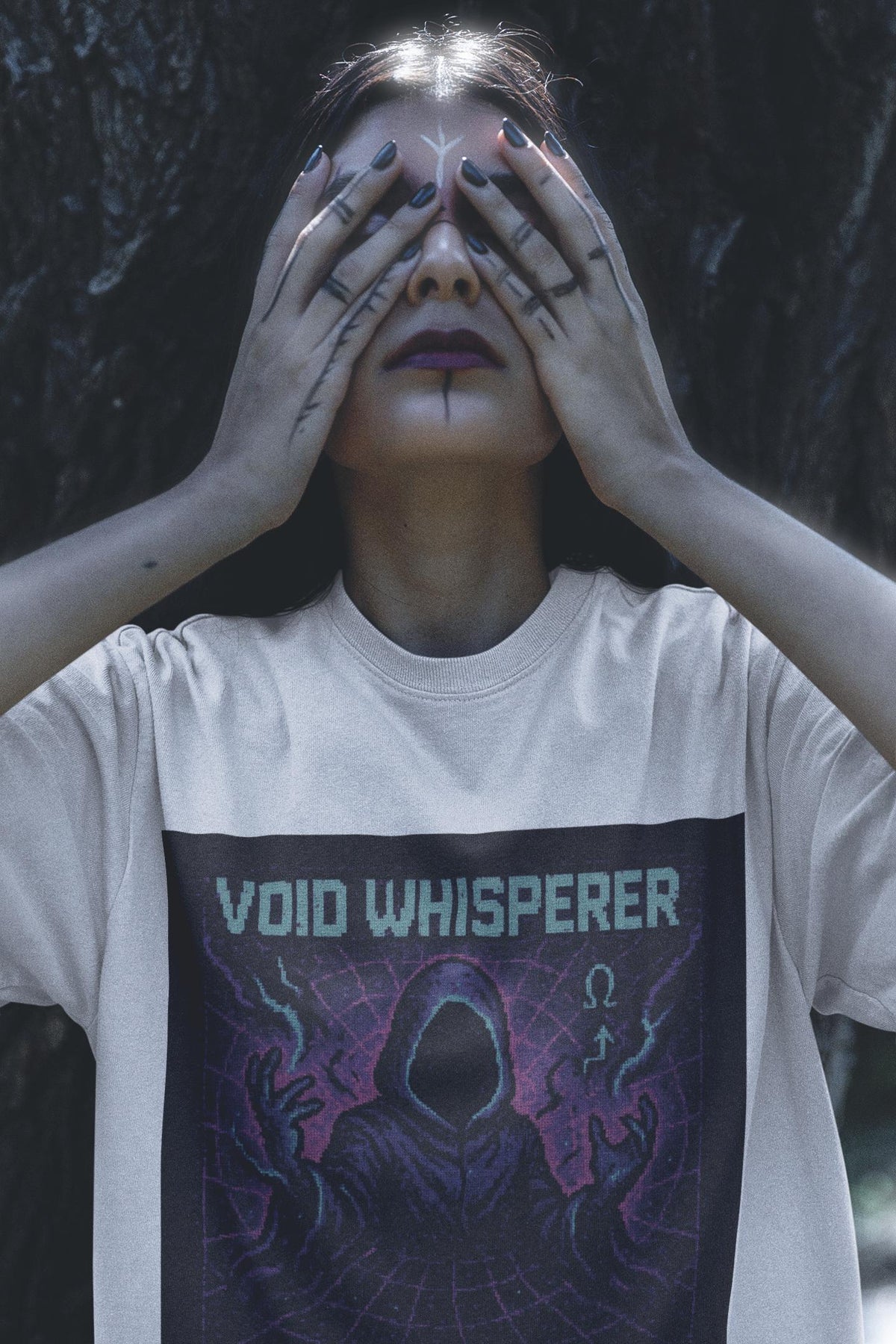 White Void Whisperer physics T-shirt, pixel-art dark energy design, worn by a woman