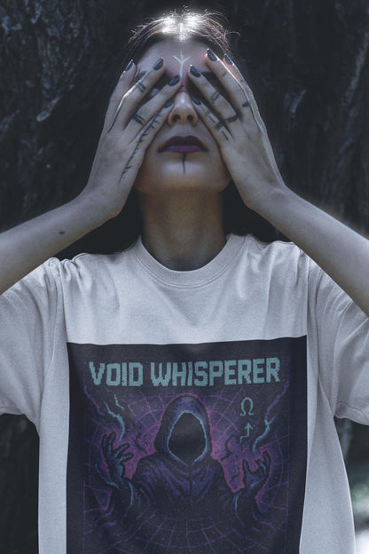 White Void Whisperer physics T-shirt, pixel-art dark energy design, worn by a woman