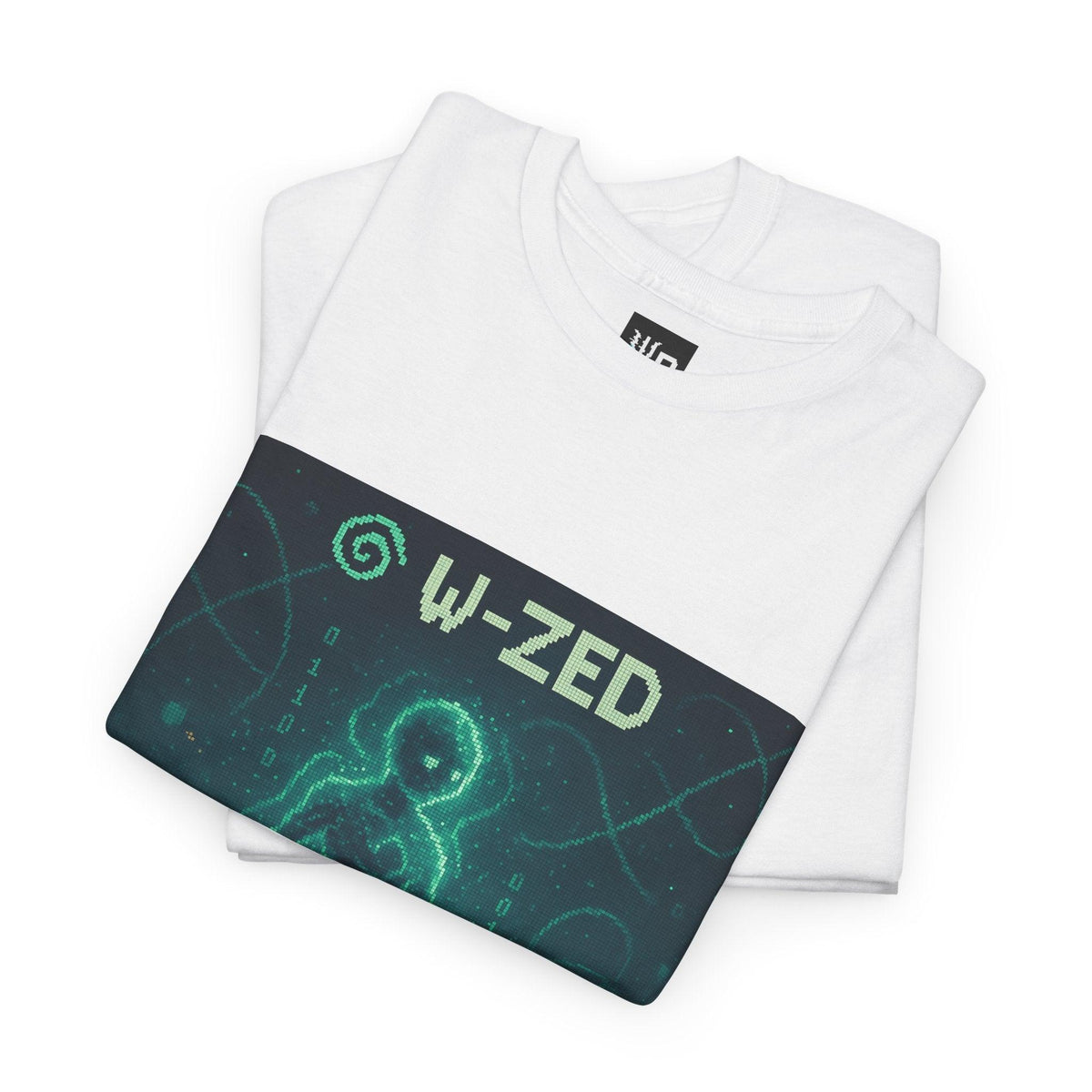 White W-ZED physics T-shirt, pixel-art W and Z bosons, weak force design, folded