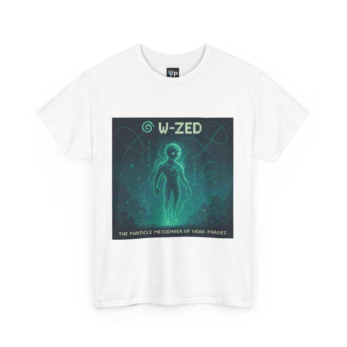 White W-ZED physics T-shirt, pixel-art W and Z bosons, weak force design, front view