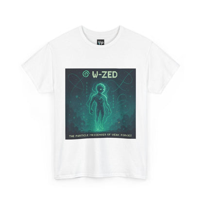White W-ZED physics T-shirt, pixel-art W and Z bosons, weak force design, front view