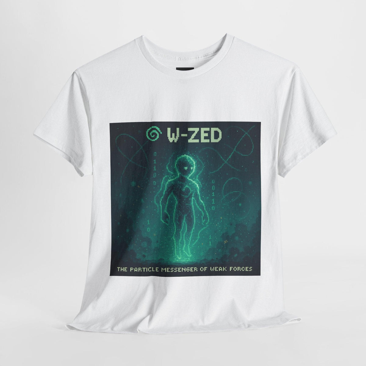 White W-ZED physics T-shirt, pixel-art W and Z bosons, weak force design, front view