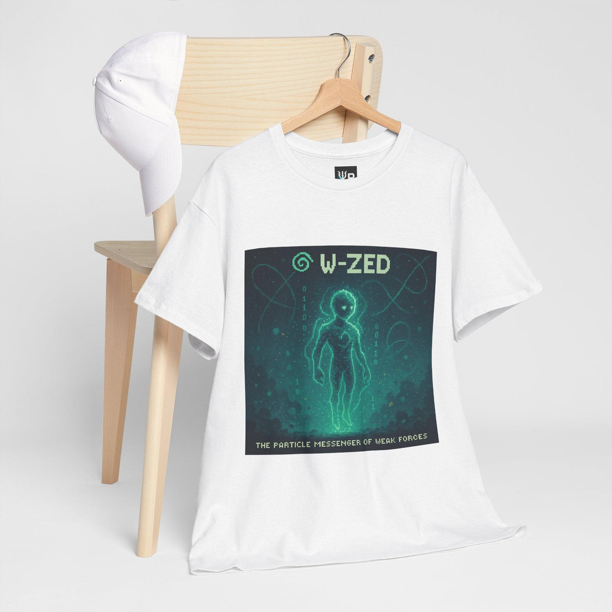 White W-ZED physics T-shirt, pixel-art W and Z bosons, weak force design, hanging on a chair