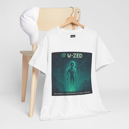 White W-ZED physics T-shirt, pixel-art W and Z bosons, weak force design, hanging on a chair