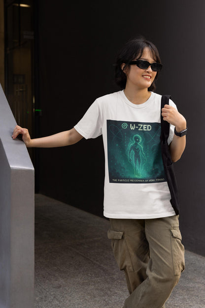 White W-ZED physics T-shirt, pixel-art W and Z bosons, weak force design, worn by a man