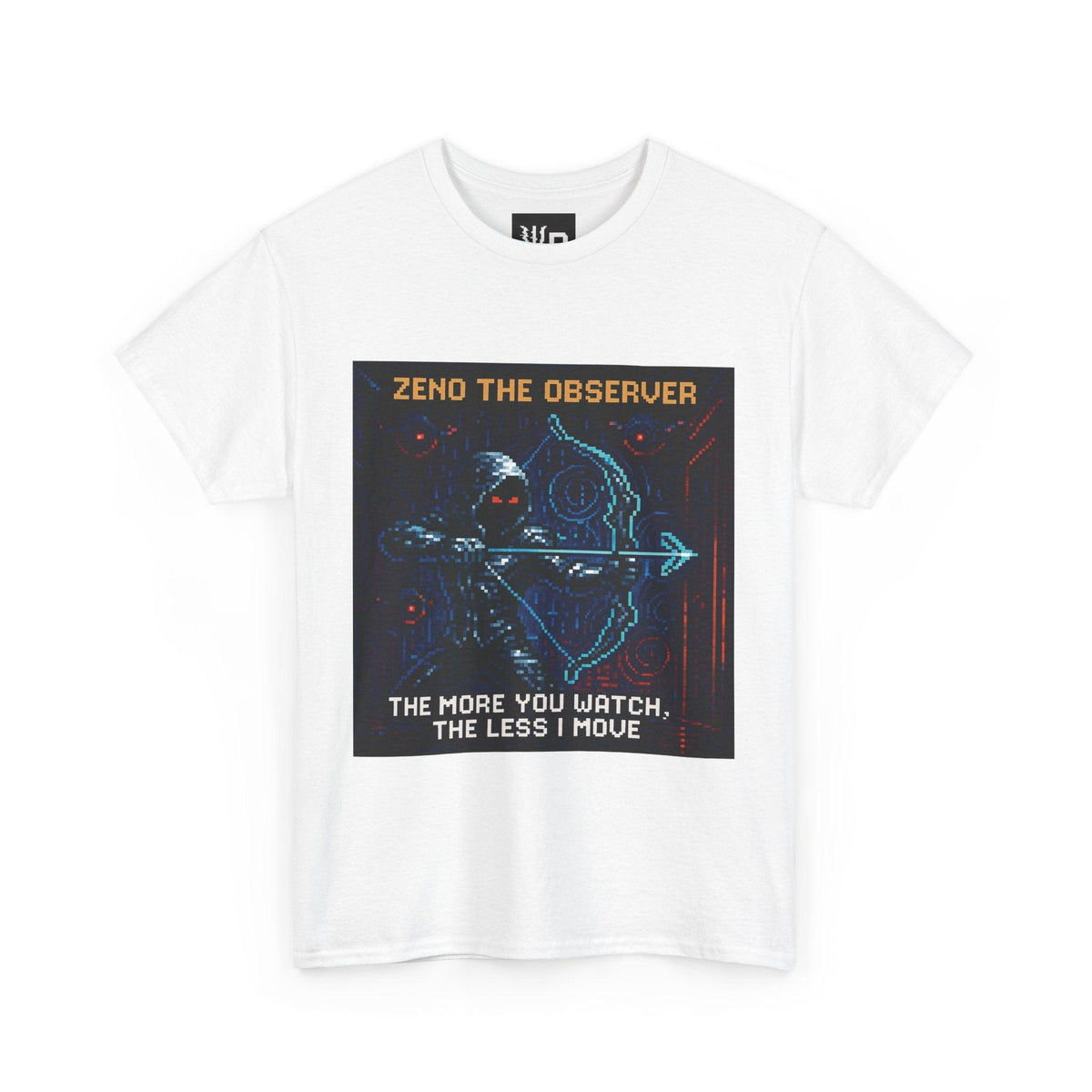 White Zeno physics T-shirt, pixel-art quantum Zeno effect design, front view