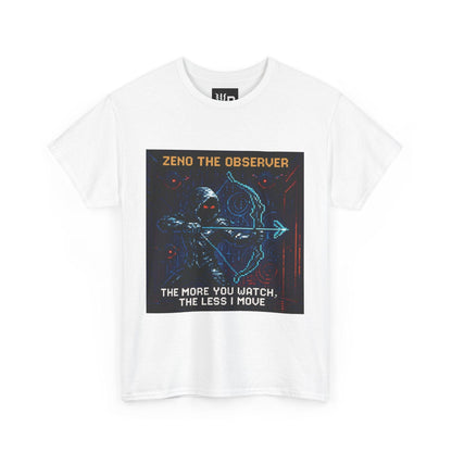 White Zeno physics T-shirt, pixel-art quantum Zeno effect design, front view