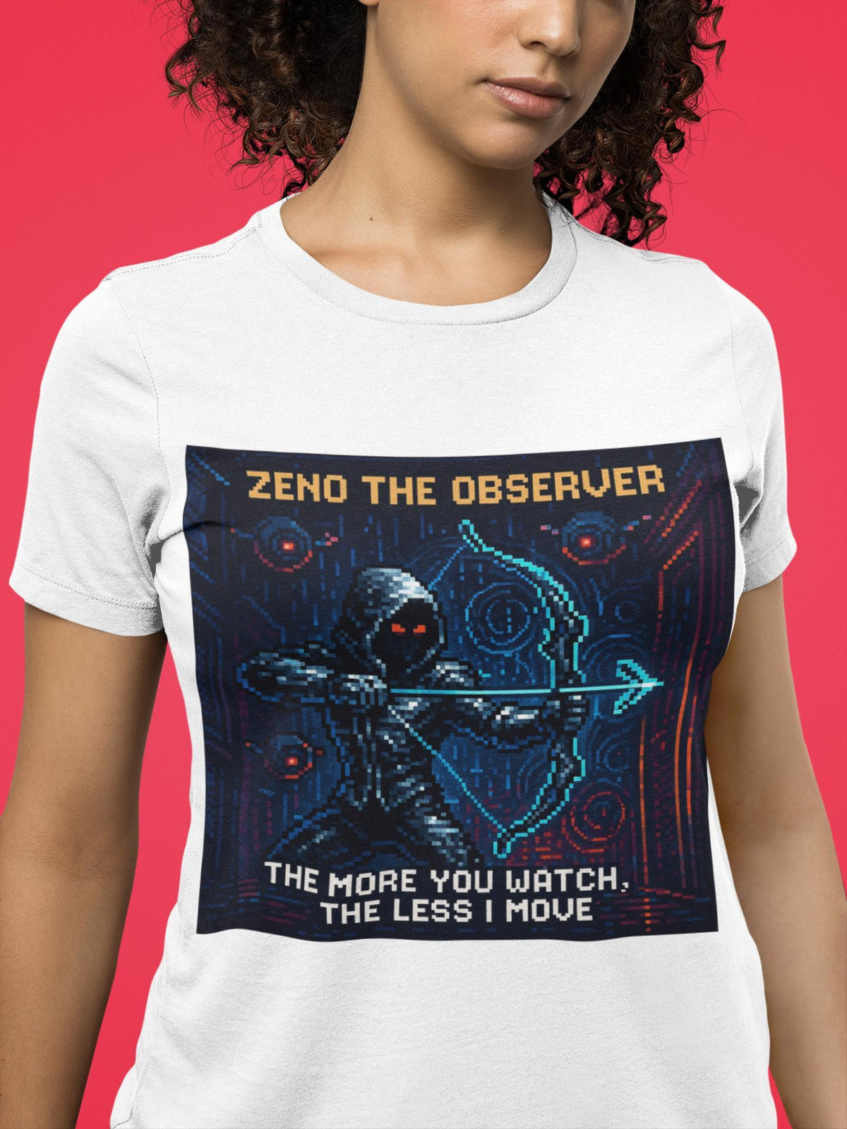 White Zeno physics T-shirt, pixel-art quantum Zeno effect design, worn by a woman